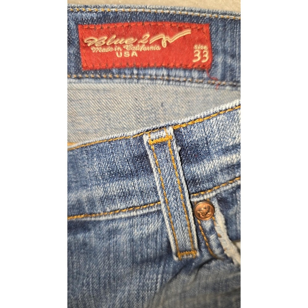 Blue 2 Flare leg Jeans Women's Low Rise Medium Wash Stretch Distressed 33 - Picture 10 of 16